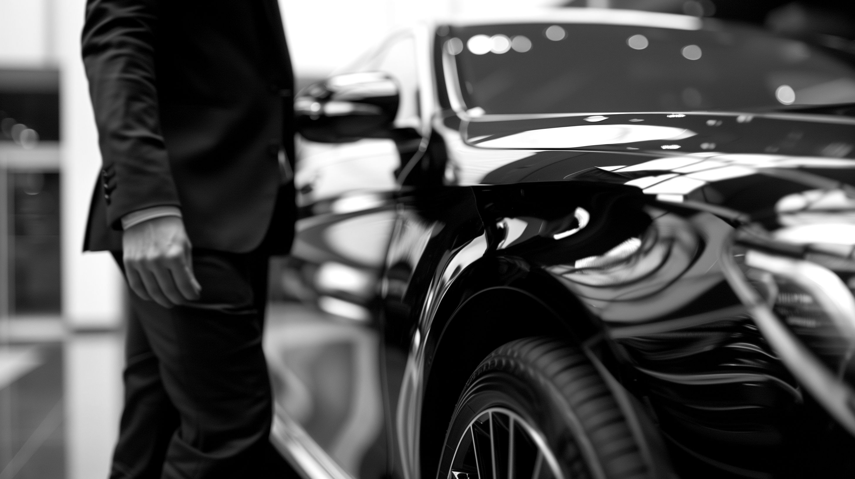 Black executive sedan on a city street