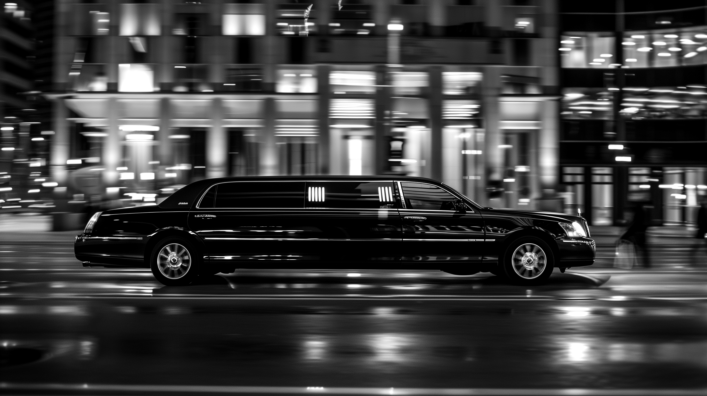 Luxury limousine in motion through the city at night